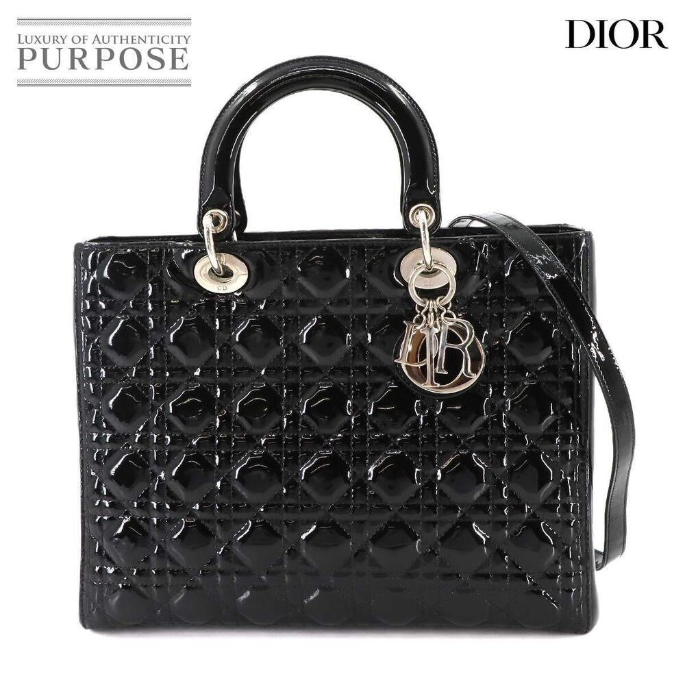 Christian Dior Cannage Lady Hand Shoulder Bag Enamel Black